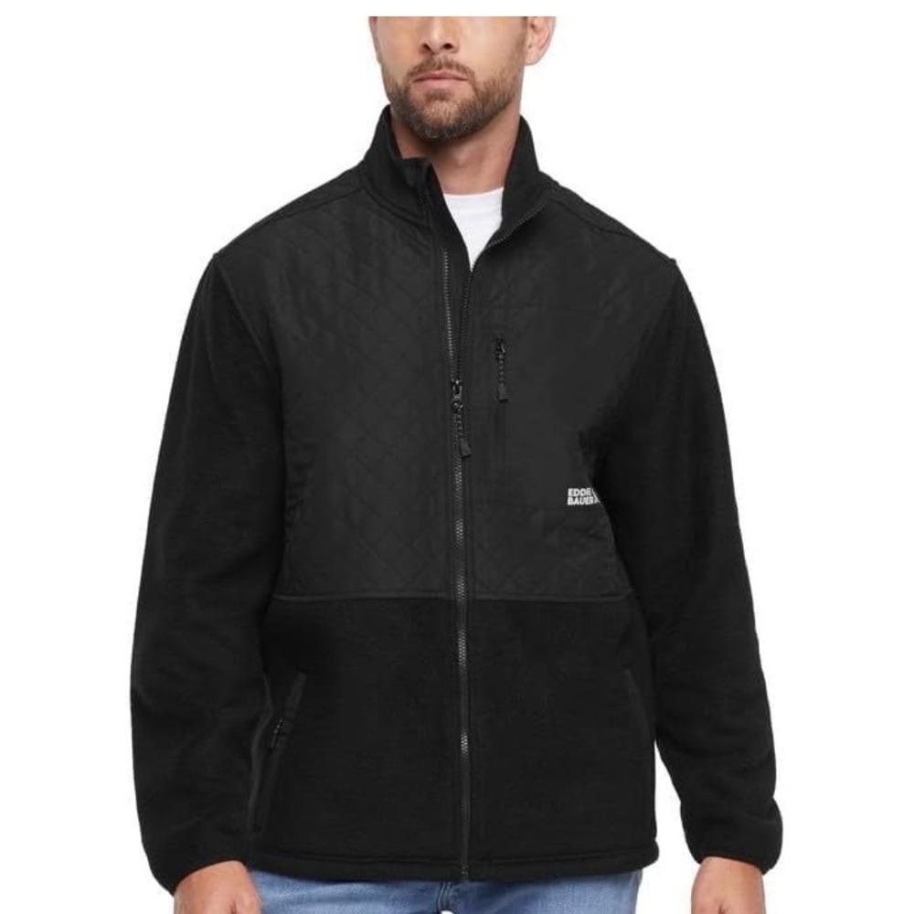 Eddie Bauer Mens Mixed Media Fleece Jacket Black Quilted Full Zip EB010876 L